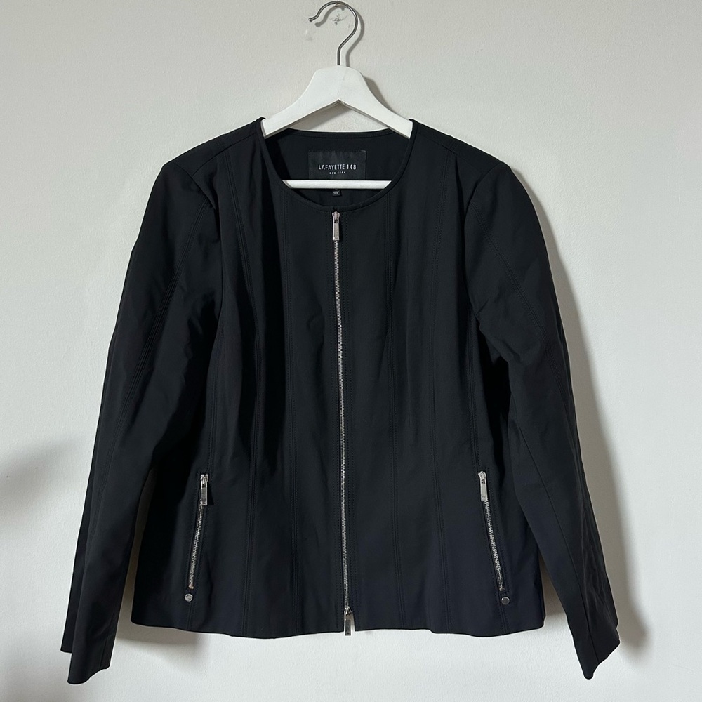Lafayette 148 NY Zip Front Blazer Black Collarless Jacket Size 10